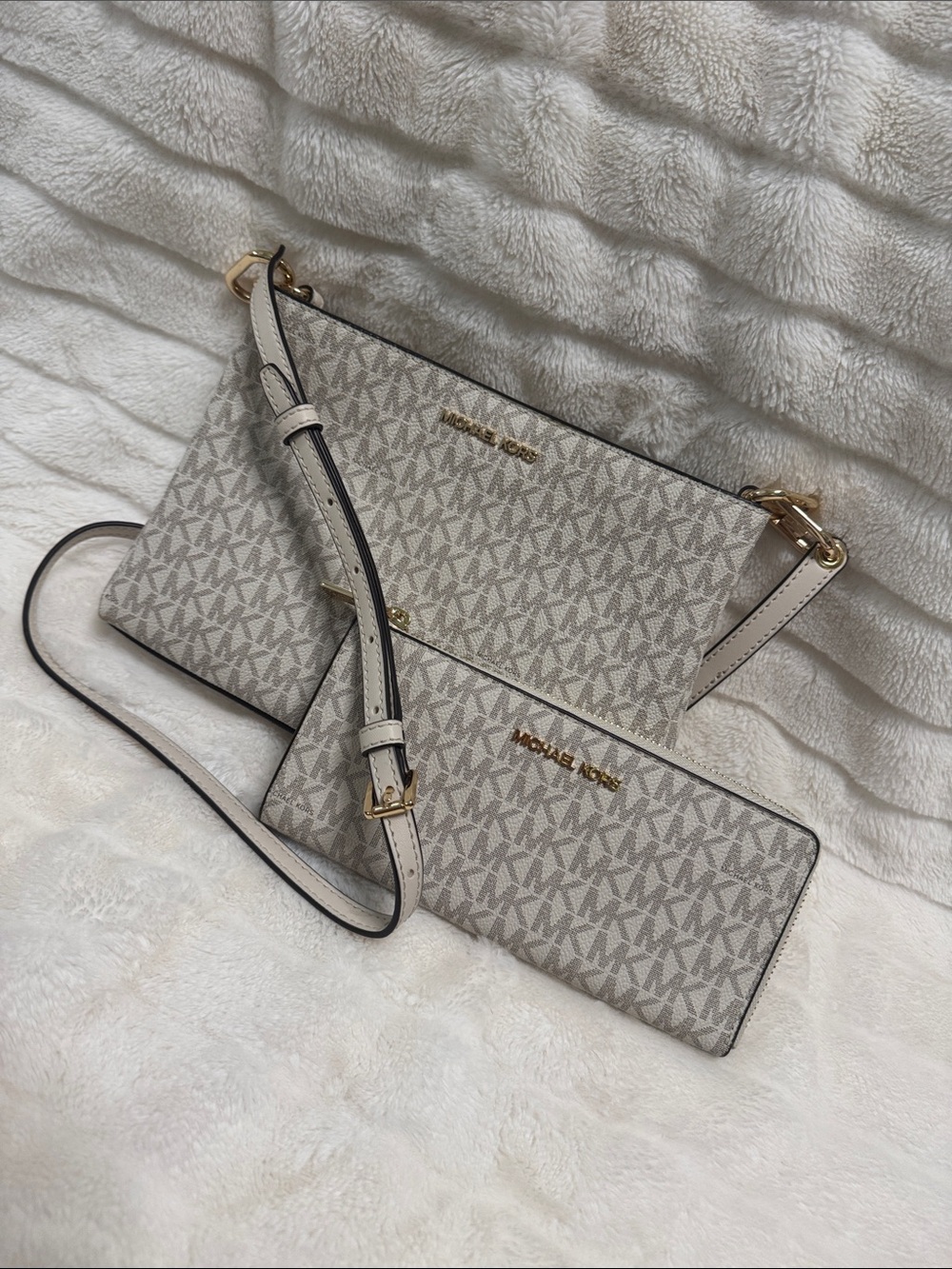 Michael Kors Beige Logo Print Crossbody with Matching Wallet